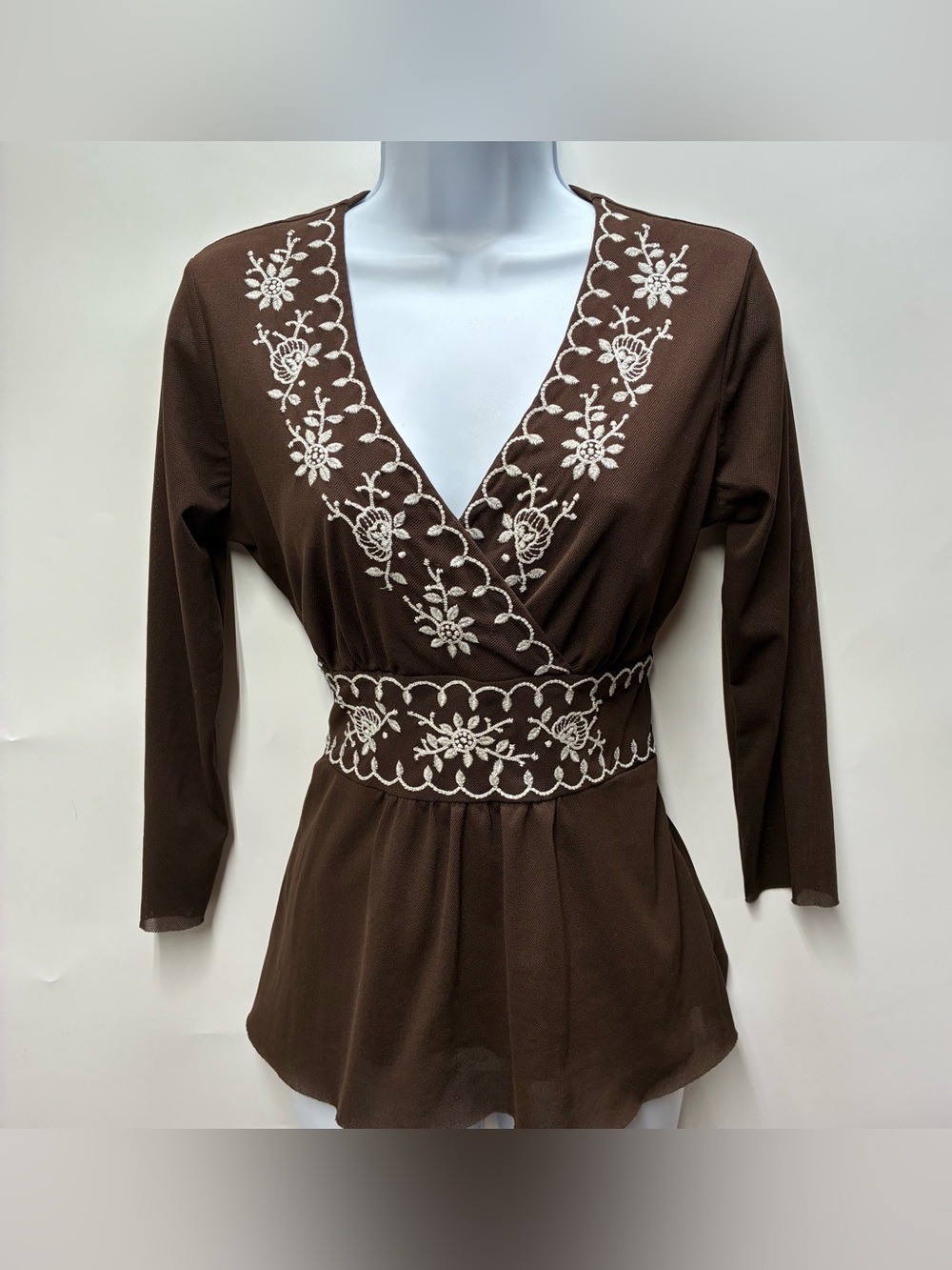 Vintage Y2K Floral Embroidered V Neck Babydoll Brown Sheer Top 3/4 Sleeve Fairy